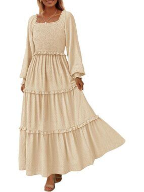 Women's Beige Long Sleeve Smocked Square Neck Swiss Dot Tiered Flowy Maxi Dress